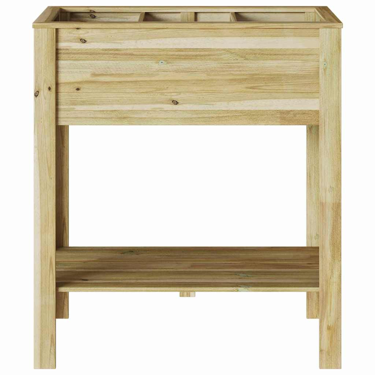 Una fioriera in legno su gambe. La scatola ha una forma rettangolare con la parte superiore aperta e un ripiano inferiore.