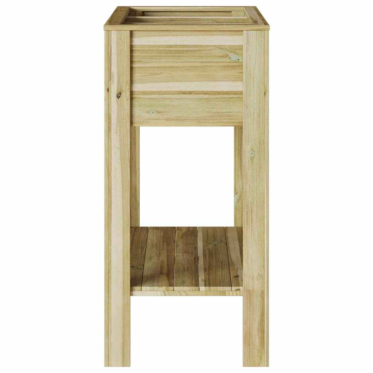 Un supporto per piante in legno con parte superiore quadrata, parte centrale aperta e un ripiano a doghe sottostante. Il legno è di colore chiaro e naturale.