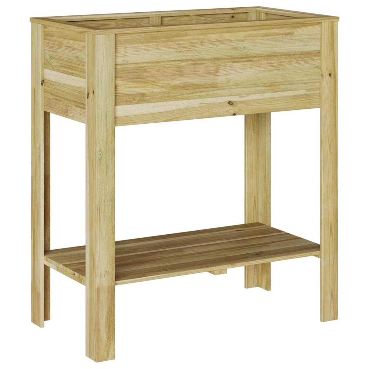 Una fioriera in legno con un ripiano. La scatola rettangolare poggia su quattro gambe, con un ripiano al centro. Il legno è marrone chiaro.