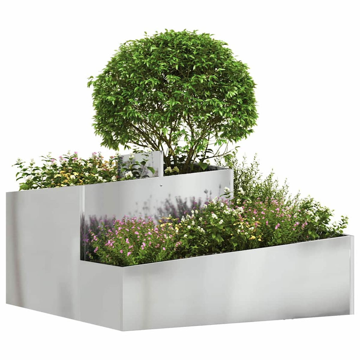 Una fioriera a più livelli con un grande albero verde e vari fiori. La fioriera è argentata, con più livelli. Lo sfondo è bianco.