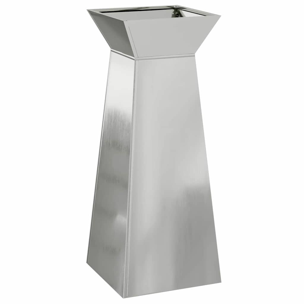 Una fioriera in acciaio inossidabile con parte superiore quadrata e corpo trapezoidale. È posta su sfondo bianco.