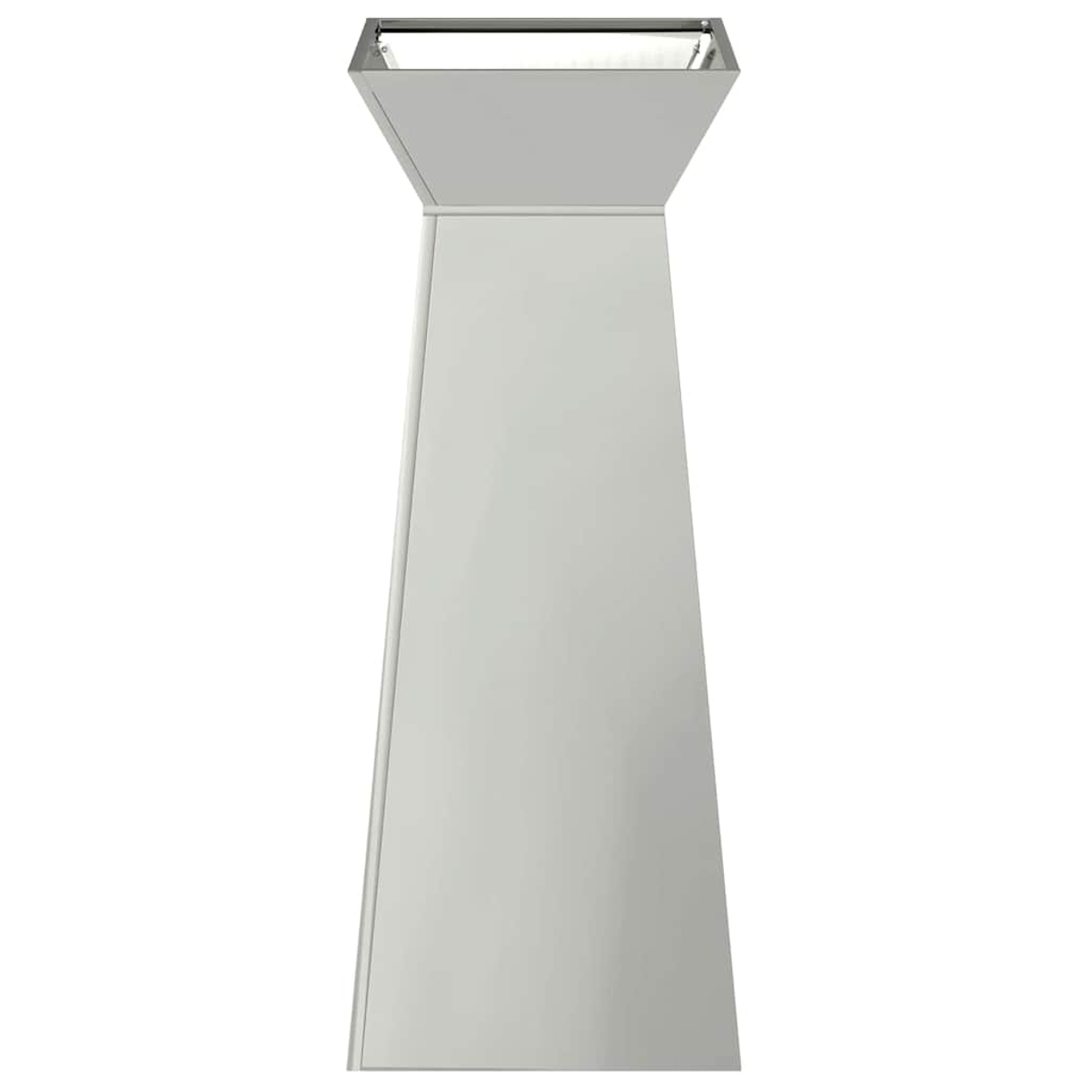 Un piedistallo moderno, grigio metallizzato. Ha una parte superiore quadrata e un corpo affusolato, su sfondo bianco.