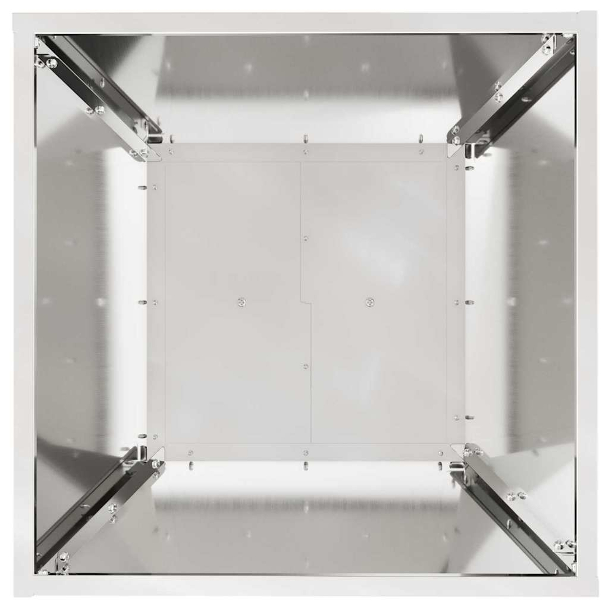 Un oggetto quadrato con cornice bianca, visto dall'interno. Ha un interno metallico e strutture di supporto. Il centro ha un pannello.