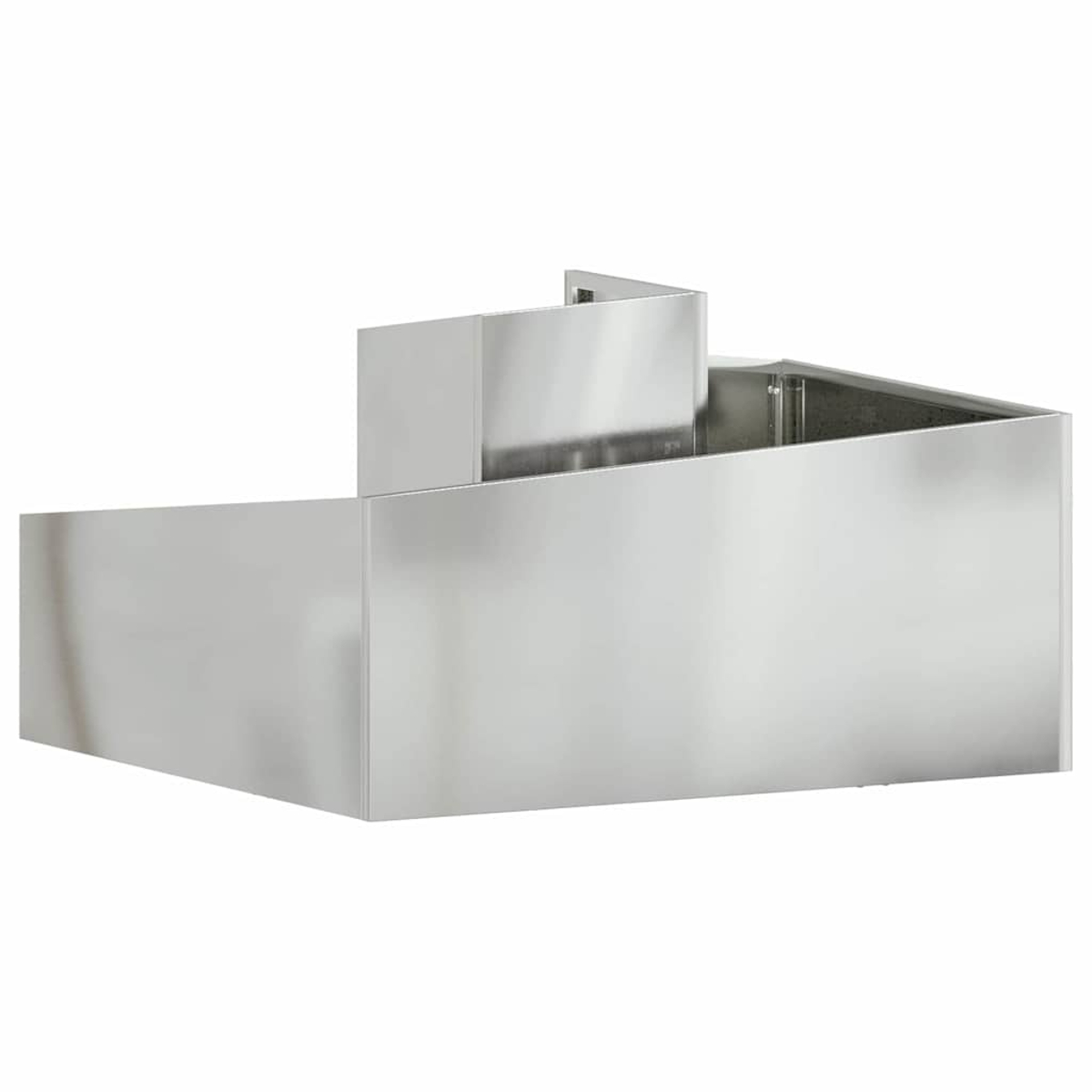 Una cappa in acciaio inossidabile con un design a gradini. La cappa è su uno sfondo bianco, mostrando la sua superficie metallica.