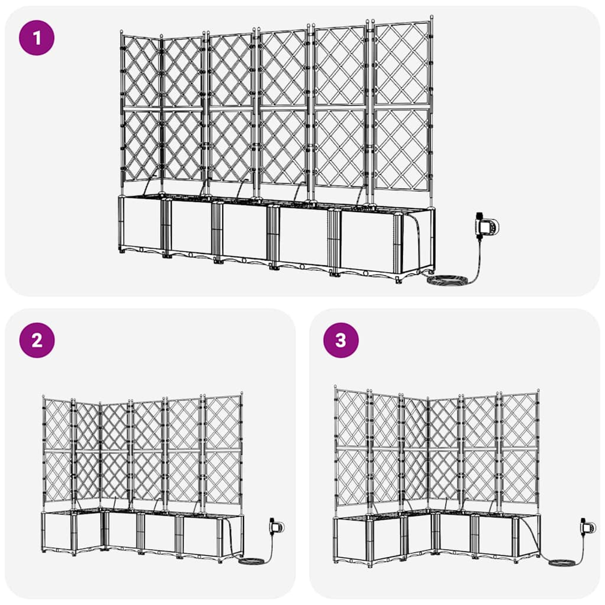 Il diagramma mostra tre configurazioni di un sistema a traliccio. Ognuno ha una base rettangolare con pannelli a traliccio. Una pompa è collegata tramite un cavo.