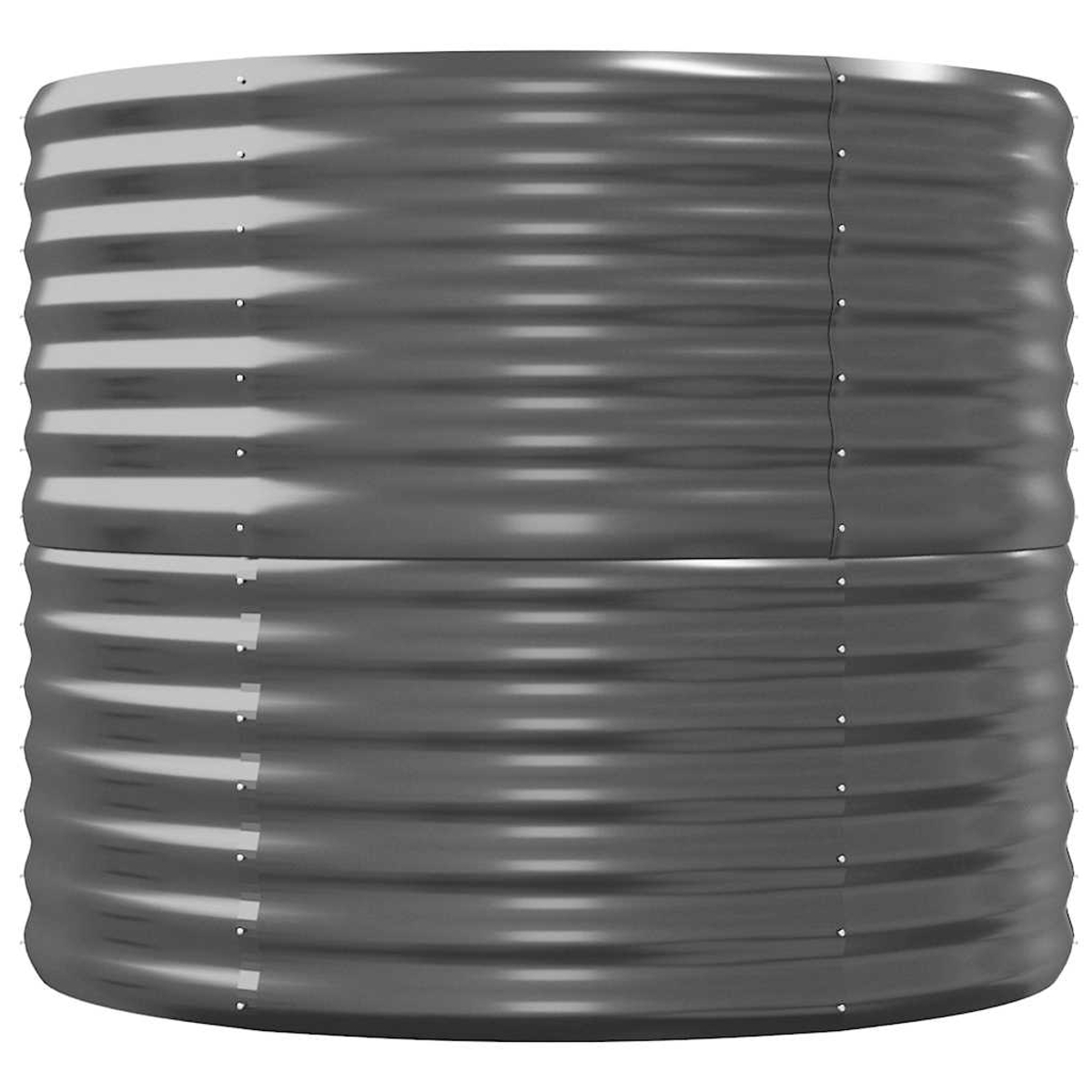 Ein grauer, gewellter Metallpflanzer. Er hat eine zylindrische Form mit einer genieteten Naht an der Seite.