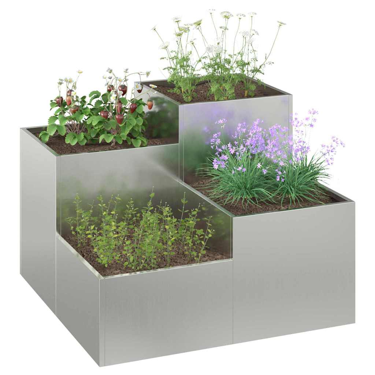 Una fioriera in metallo a più livelli contiene piante: fragole, fiori bianchi, erbe verdi e fiori viola. La fioriera ha un design moderno.