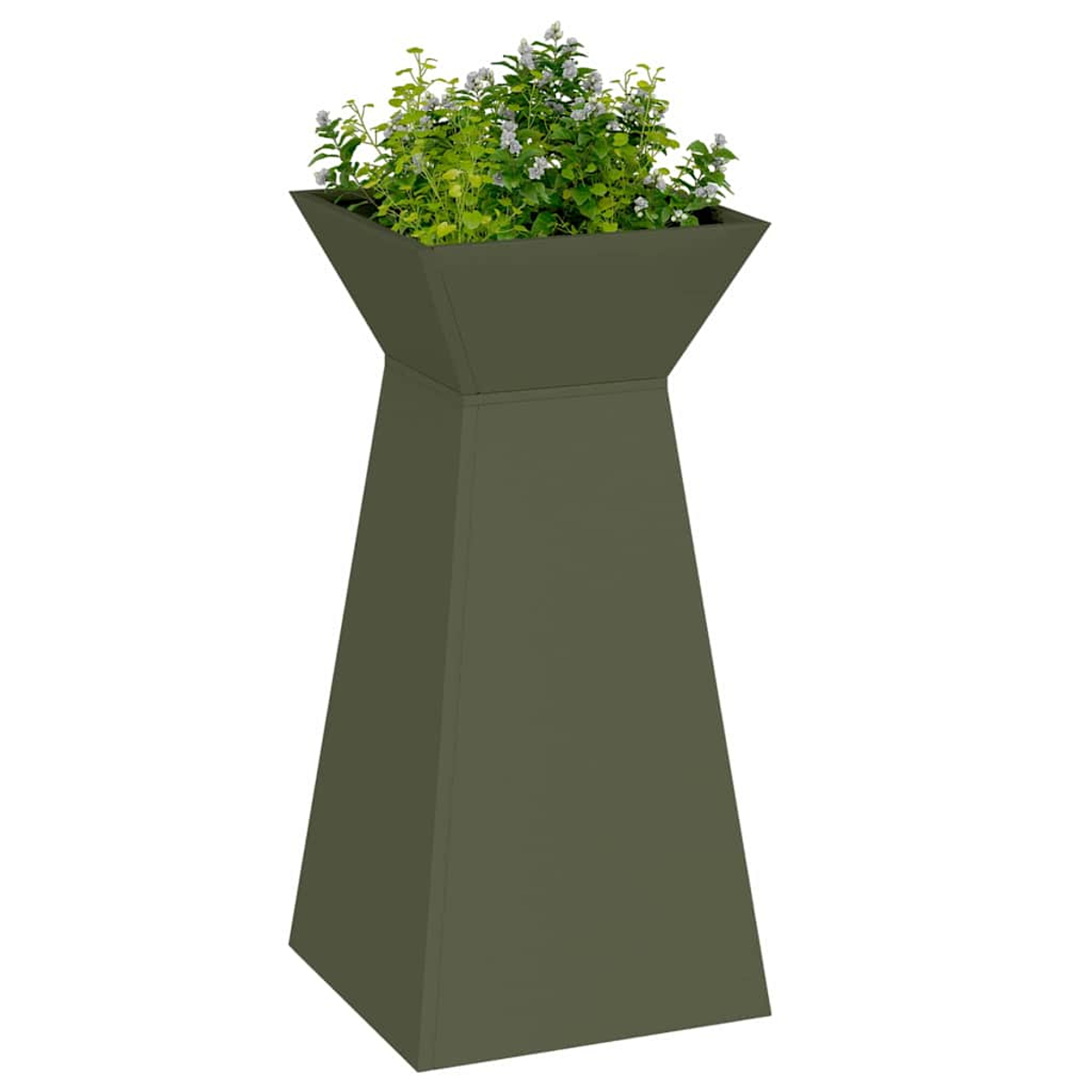 Un'alta fioriera verde oliva con parte superiore quadrata e base trapezoidale, piena di piante verdi e piccoli fiori bianchi.