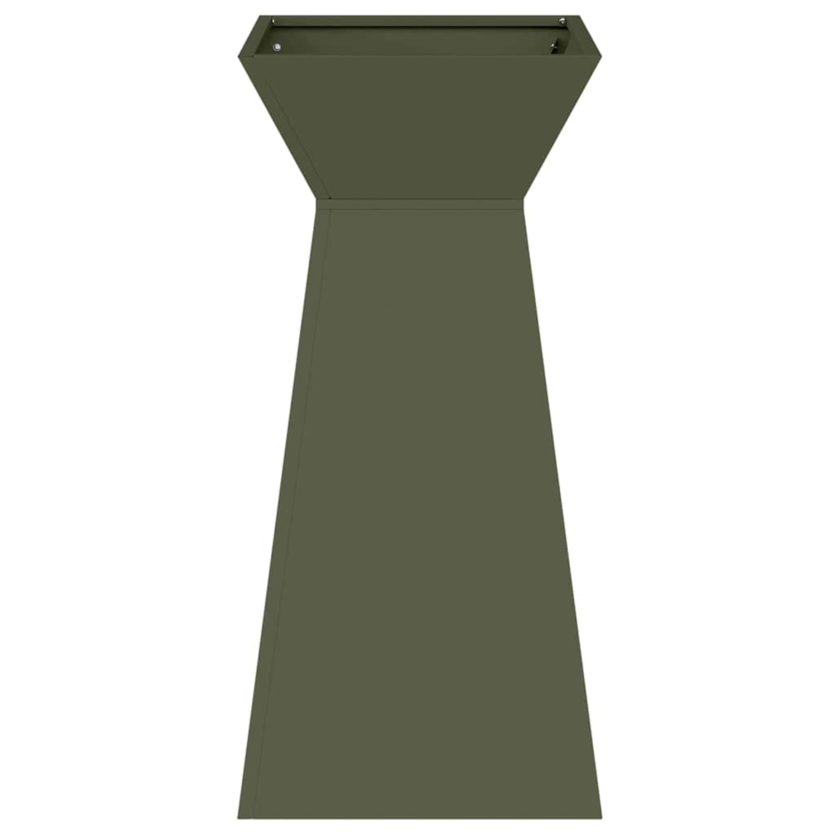 Un'alta fioriera verde oliva. Ha una parte superiore rettangolare, una parte centrale trapezoidale e una base svasata trapezoidale. Lo sfondo è bianco.