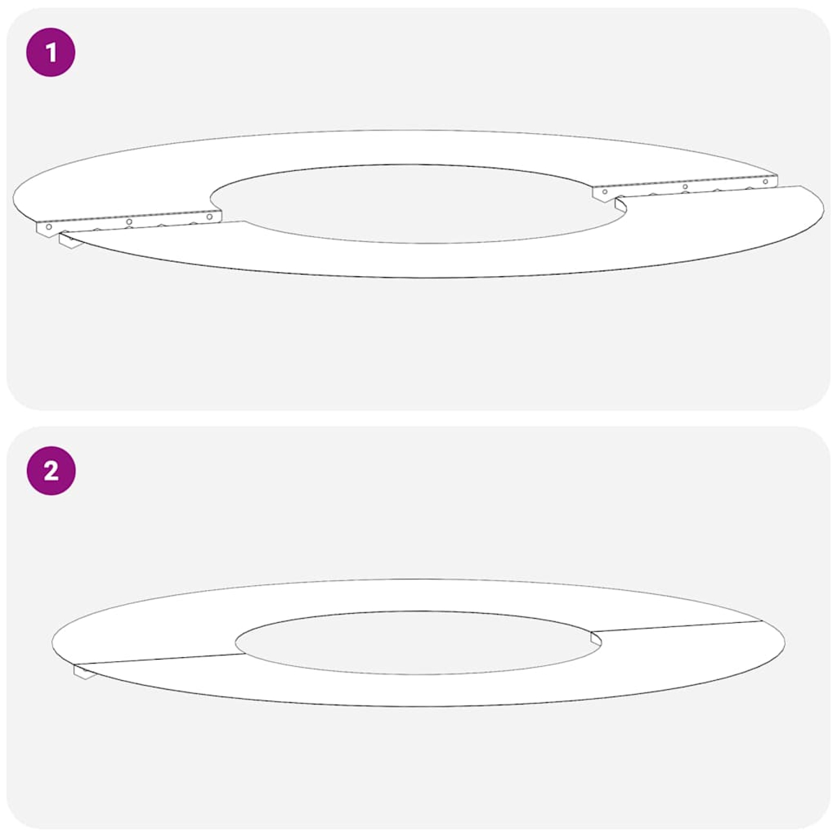 Zwei halbkreisförmige Teile, eines geteilt, bilden einen Ring. Oberes Teil zeigt Scharnierdetails. Unteres Teil ist ein vollständiger Ring.
