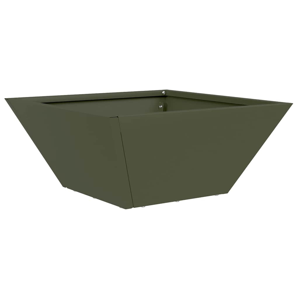 Un vaso quadrato verde oliva con una forma leggermente trapezoidale. Ha una parte superiore piatta e alcuni piccoli rivetti lungo i bordi.