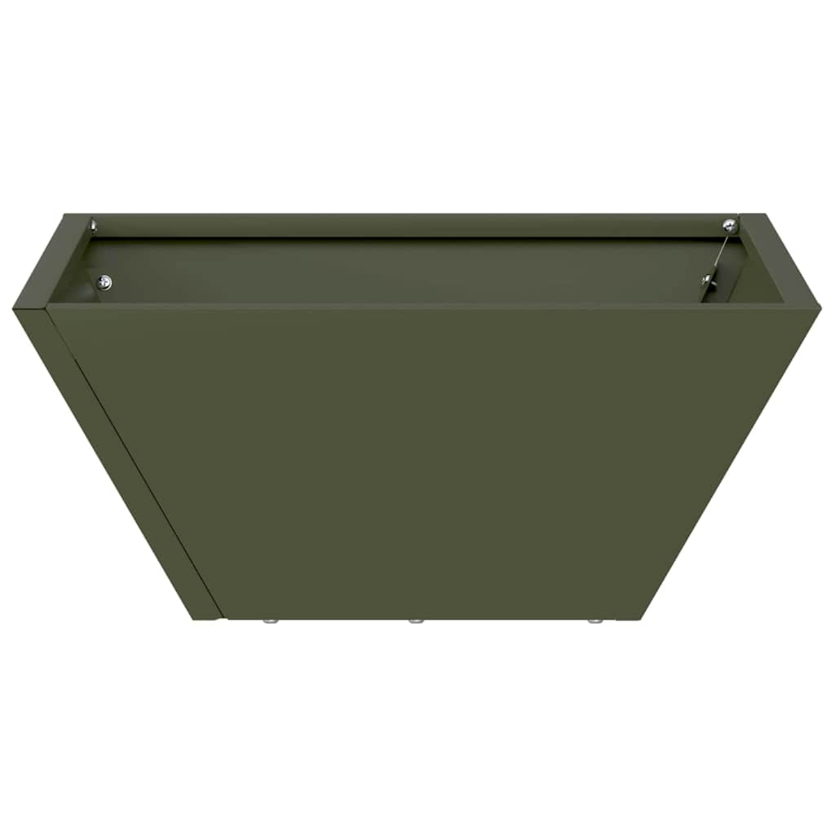 Una fioriera rettangolare verde oliva, leggermente trapezoidale, con piccoli piedini e elementi metallici all'interno.