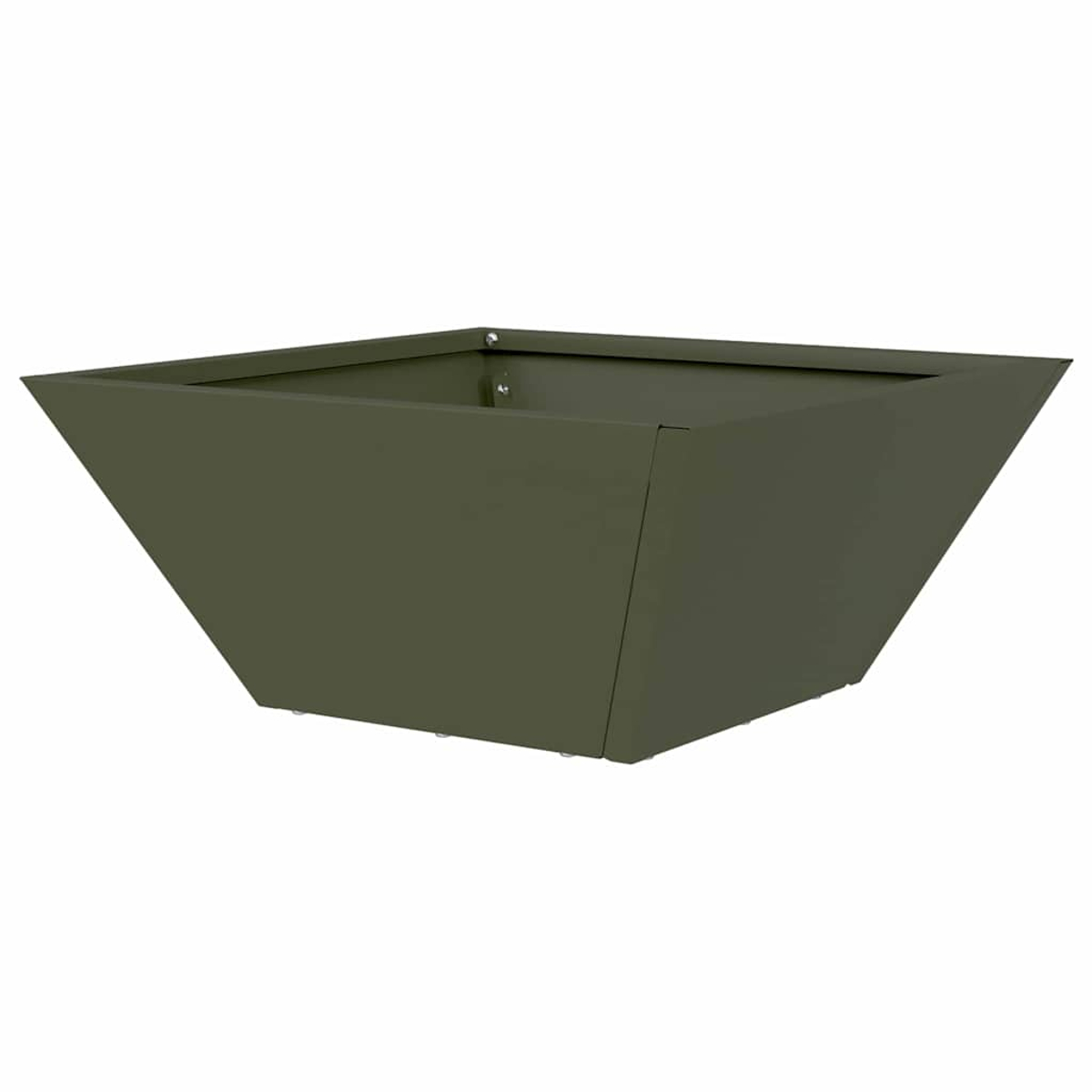 Una fioriera verde oliva a forma di trapezio su sfondo bianco. Ha una parte superiore ampia e una base stretta e piatta. La fioriera è vuota.