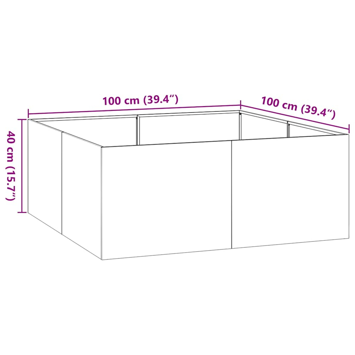 Una struttura rettangolare bianca con dimensioni in cm e pollici: 100x100x40 cm. Il contorno ha delle linee.