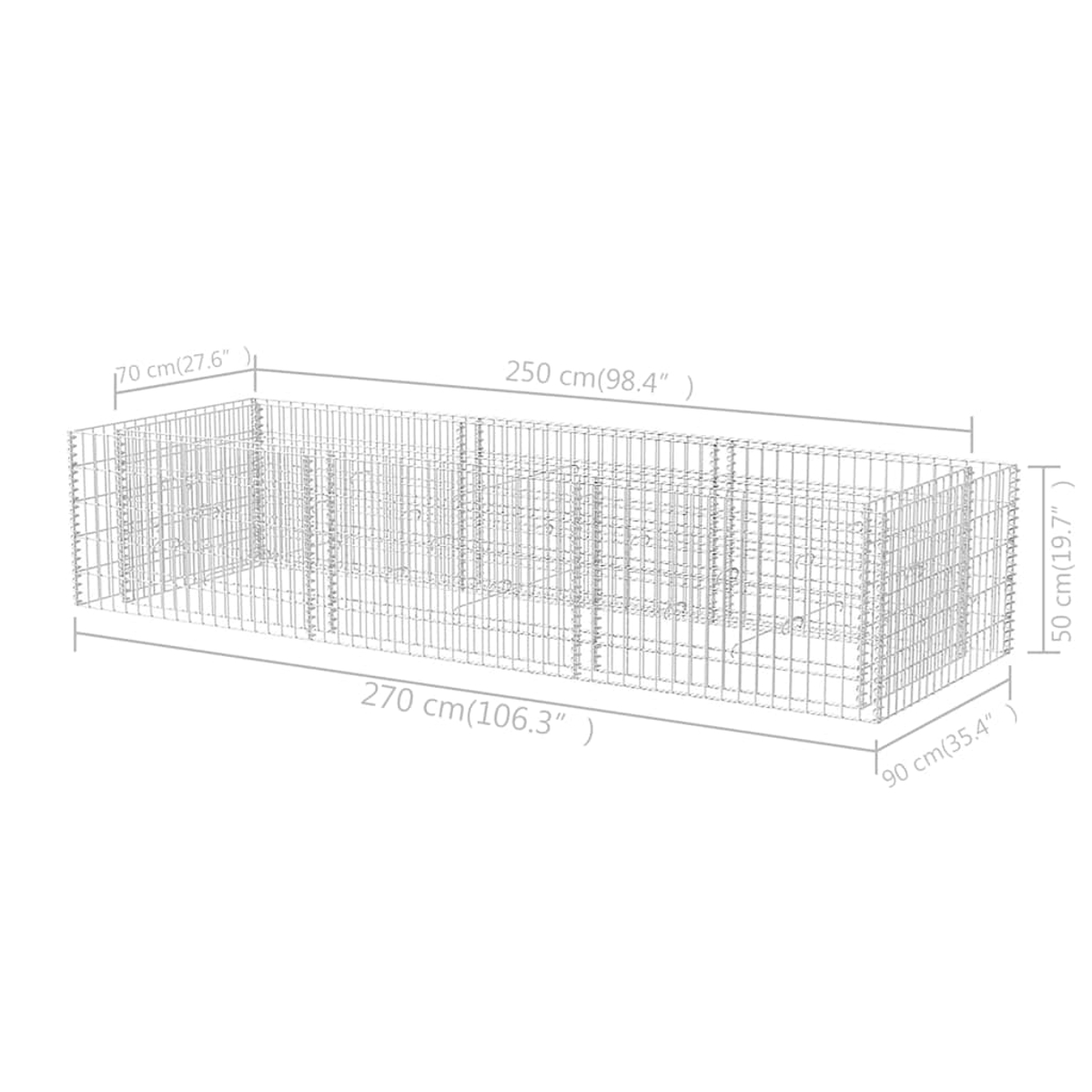 Ein rechteckiger Metallgabion, Abmessungen in Zentimetern und Zoll angegeben. Maße: 270x90x150 cm. Zeigt die Drahtgitterstruktur.