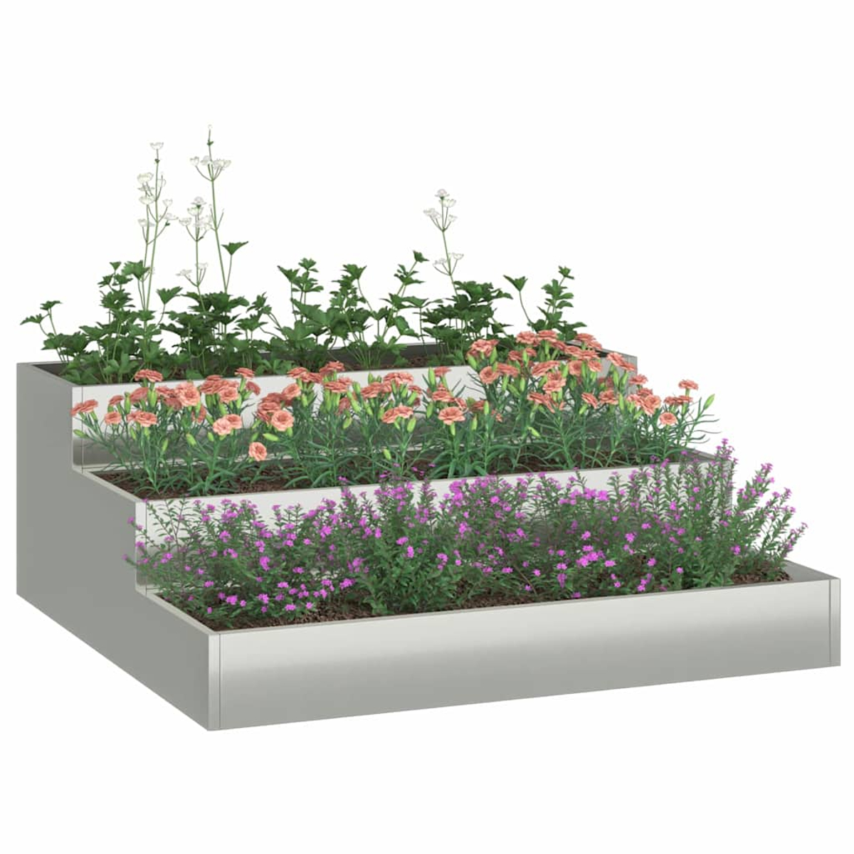 Una fioriera a gradini con fiori di vari colori, tra cui rosa e viola, disposti a strati. La scatola è grigia.