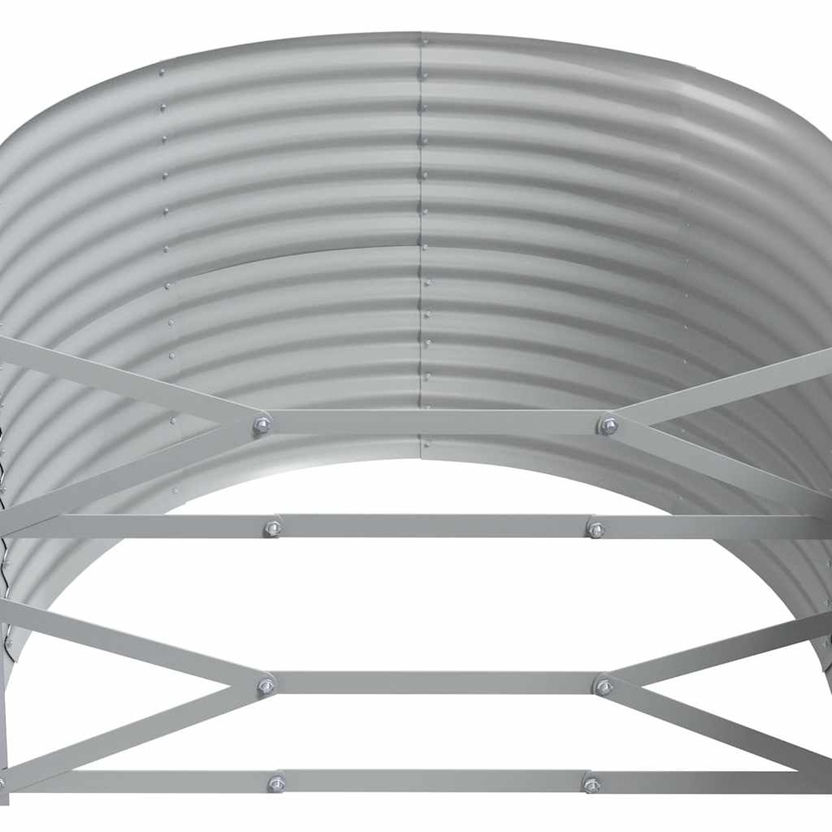 Ein grauer Metallfensterschacht mit gewölbtem Dach. Es hat ein gewelltes Design und einen Metallrahmen.