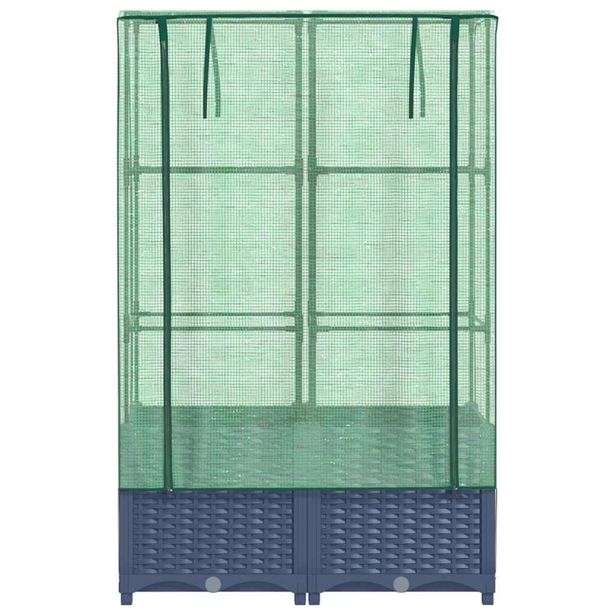 Una piccola serra con copertura a rete verde. Si trova su una base blu scuro, stile vimini. Il telaio è verde scuro.