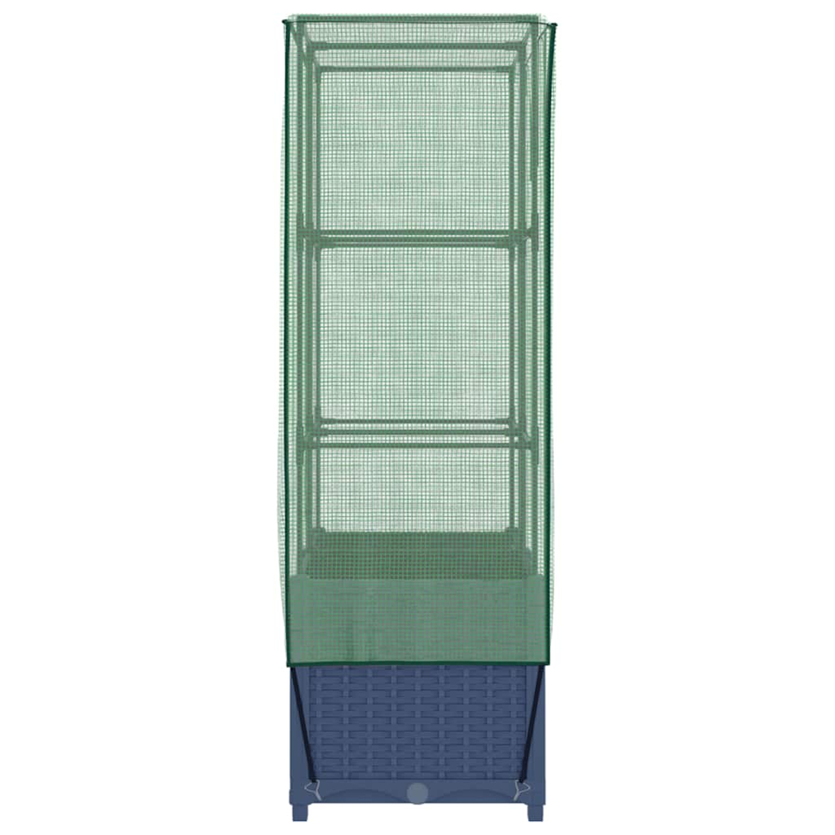Una serra per piante verde con base blu. Ha una copertura a rete e ripiani all'interno. La base ha un motivo intrecciato.