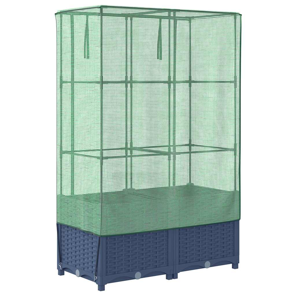 Una serra a rete verde con base blu. Ha una forma rettangolare con più ripiani all'interno, progettata per la coltivazione di piante.