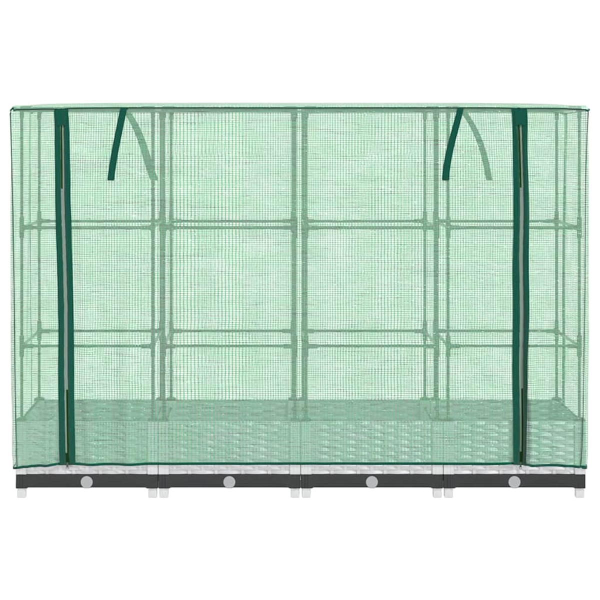 Una serra verde con copertura a rete, struttura in metallo e base bianca e nera, adatta per giardinaggio e coltivazione di piante.