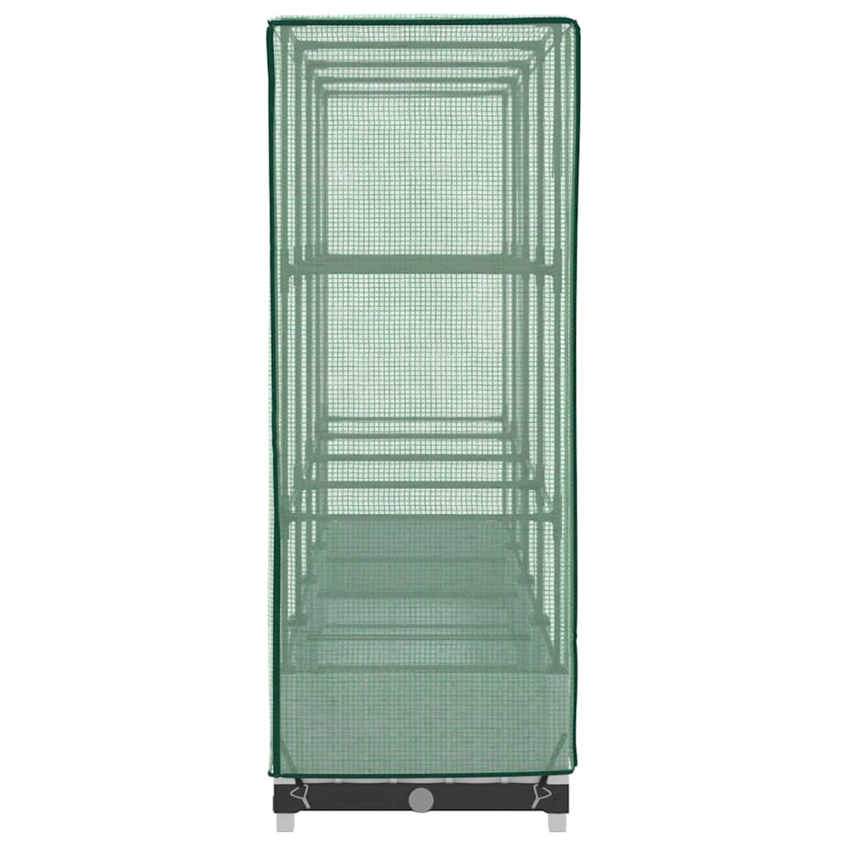 Una serra alta e verde con una copertura a rete. Ha diversi ripiani all'interno. La struttura è rettangolare e poggia su una base nera.