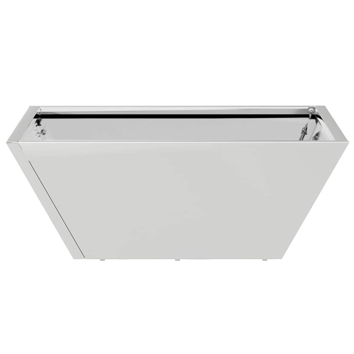 Una moderna fontana in acciaio inossidabile con bacino rettangolare e lati inclinati, su sfondo bianco.