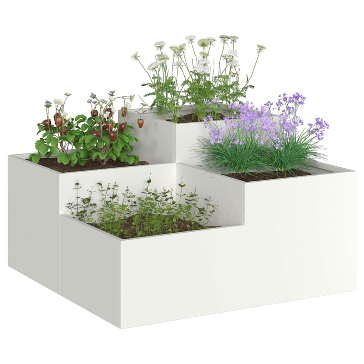 Una fioriera bianca a più livelli con varie piante. Sono visibili fragole, fiori bianchi, fiori viola ed erbe verdi.