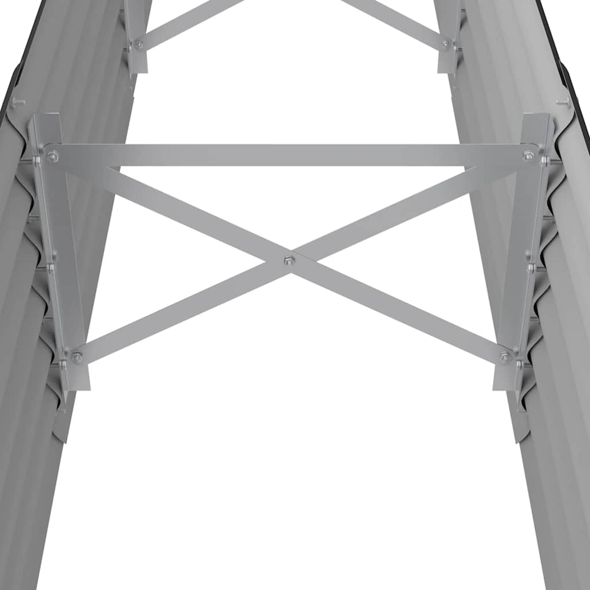 Nahaufnahme einer metallischen Struktur mit parallelen, gewellten grauen Paneelen und Kreuzverstrebungen, die mit Bolzen befestigt sind, vor weißem Hintergrund.