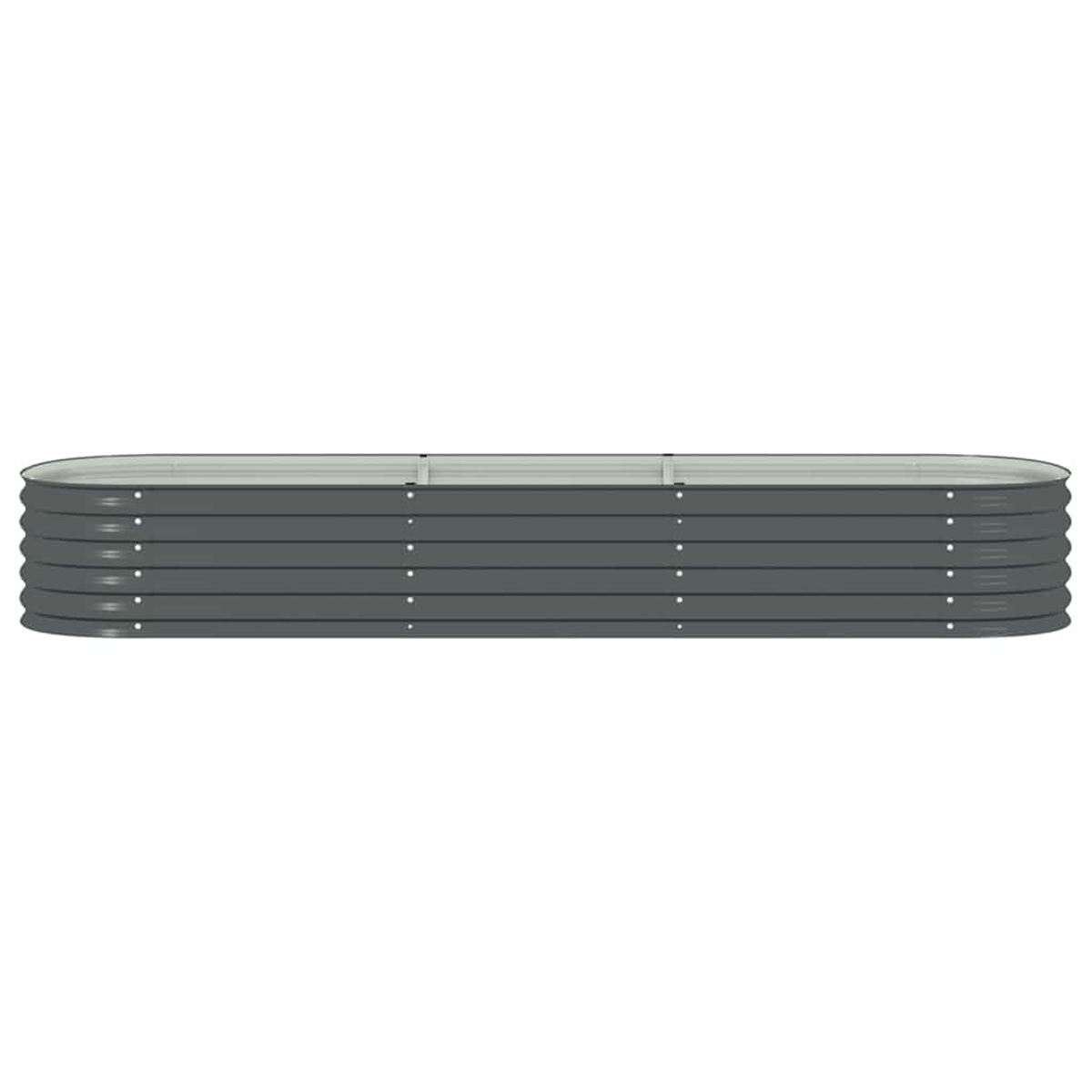 Ein langes, rechteckiges, graues Metall-Hochbeet. Es hat abgerundete Enden, sichtbare horizontale Schichten und weißen Hintergrund.