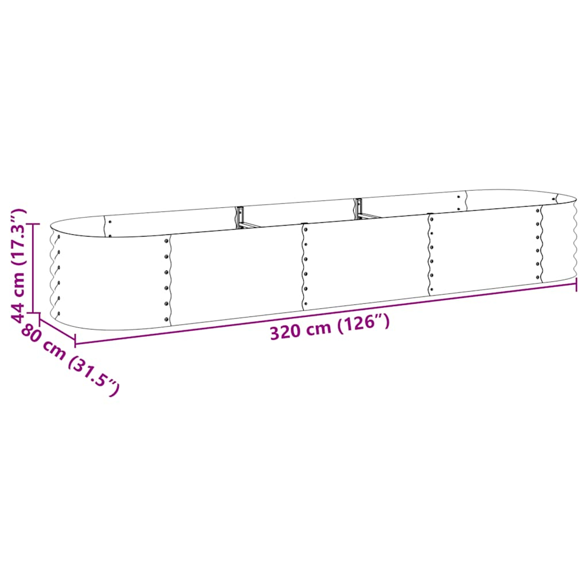 Ein länglicher Pflanzkübel, weiß mit beschrifteten Abmessungen. Er ist 320 cm lang, 80 cm breit und 44 cm hoch. Der Pflanzkübel hat Metallstützen.