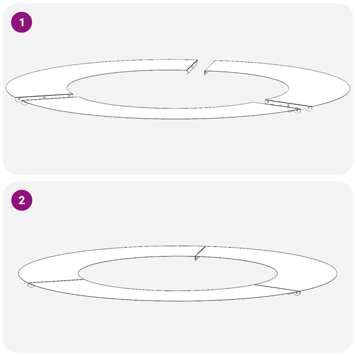 Il diagramma mostra l'assemblaggio di un oggetto circolare, diviso in due parti nella prima immagine e unito nella seconda. Sfondo bianco.