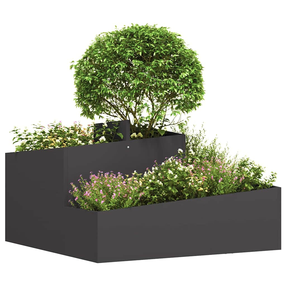 Una fioriera a gradini grigio scuro contiene un grande albero verde e varie piante fiorite. La fioriera ha un design moderno e geometrico.