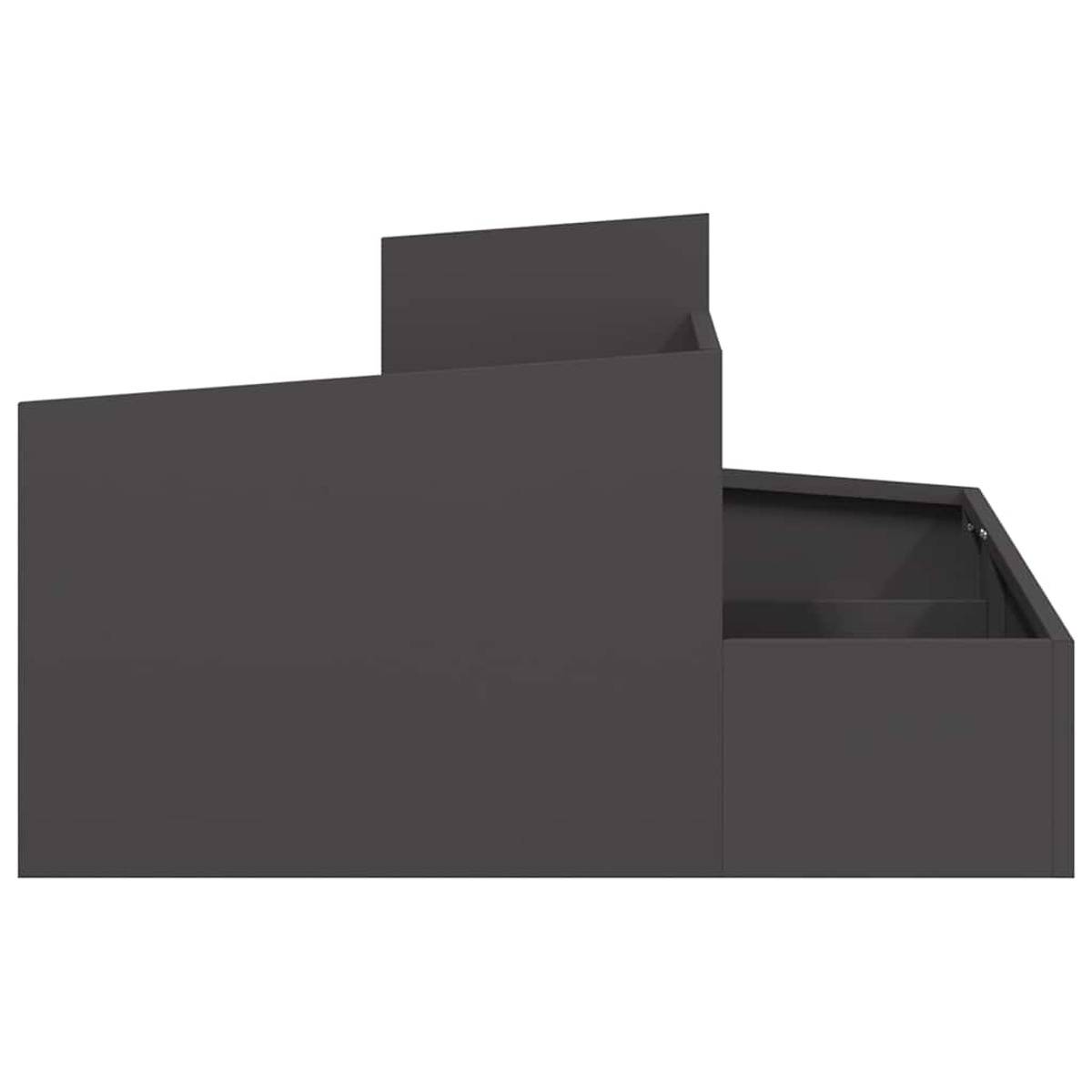 Un mobile grigio scuro con cassetto e pannello superiore è mostrato su sfondo bianco. Il mobile ha forme geometriche semplici.
