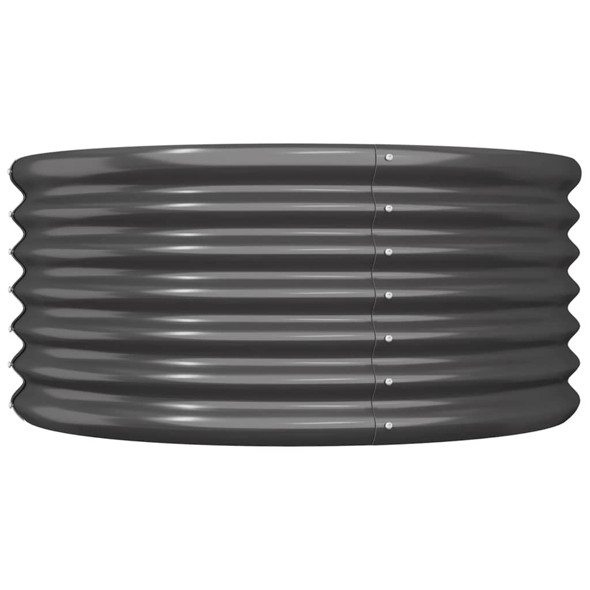 Ein dunkelgraues, gewelltes Metallbeet. Es hat eine ovale Form mit mehreren horizontalen Rippen und Nieten an der Seite.