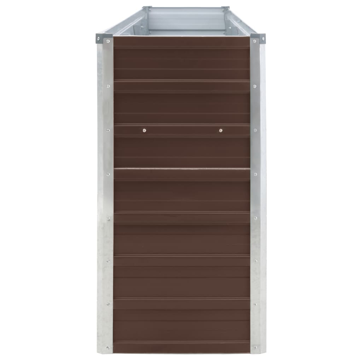 Eine braune Metallpflanzkasten mit silbernen Zierleisten. Die Box ist rechteckig, mit horizontalen Rippen. Der Hintergrund ist weiß.