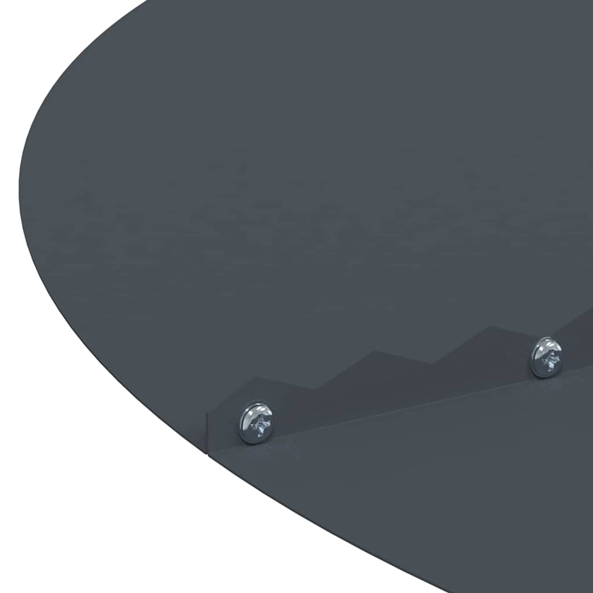 Nahaufnahme einer dunkelgrauen, gebogenen Metalloberfläche mit zwei Schrauben. Die Oberfläche hat ein treppenartiges Design.