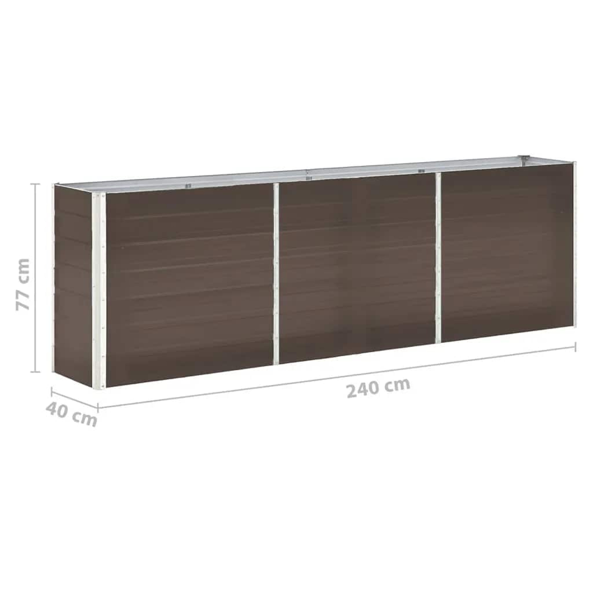 Rechteckiger, brauner Pflanzkasten mit Metallrahmen. Abmessungen: 240 cm lang, 77 cm hoch und 40 cm breit. Weißer Hintergrund.