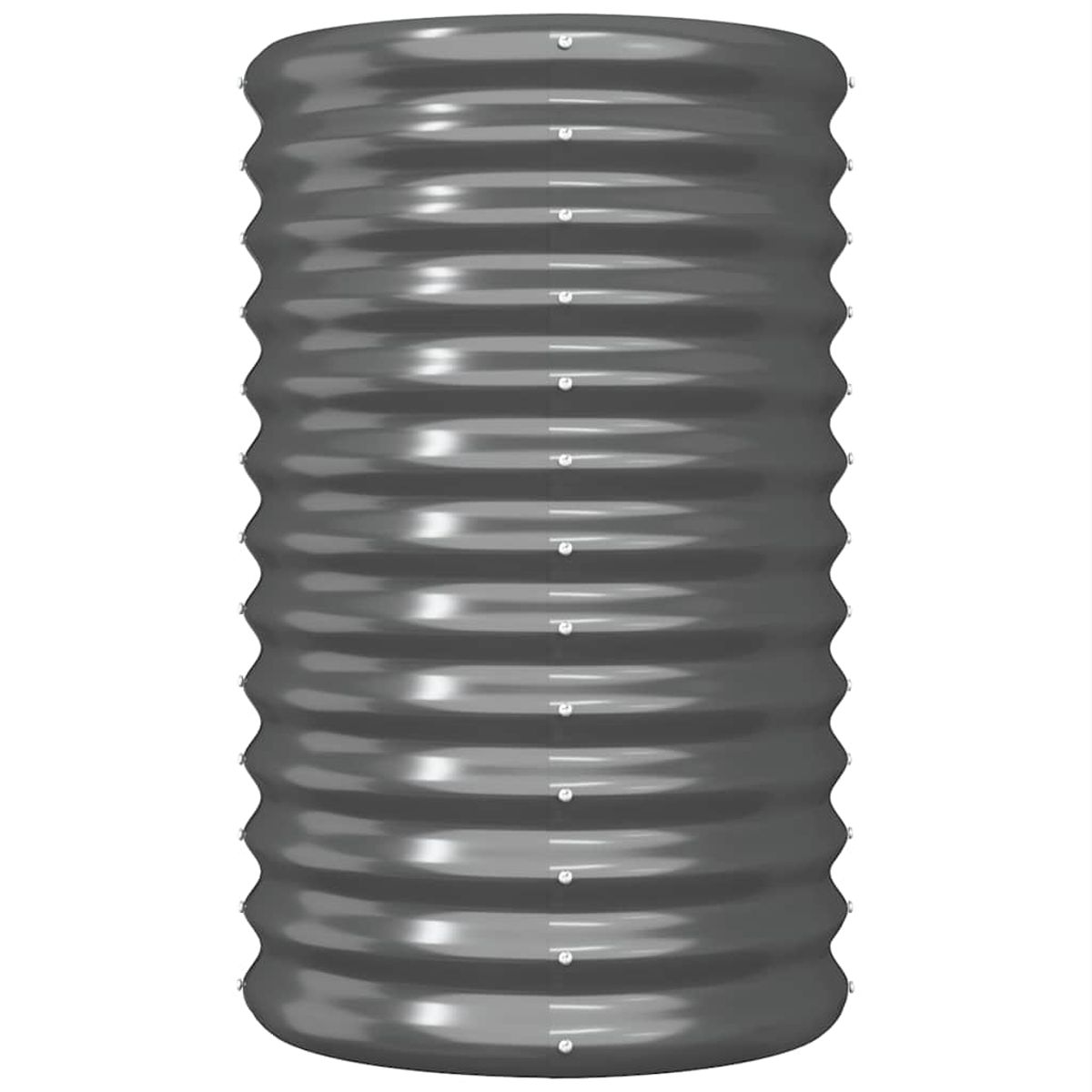 Ein grauer, gewellter Metallzylinder auf weißem Grund. Der Zylinder hat Nieten entlang der Nähte.