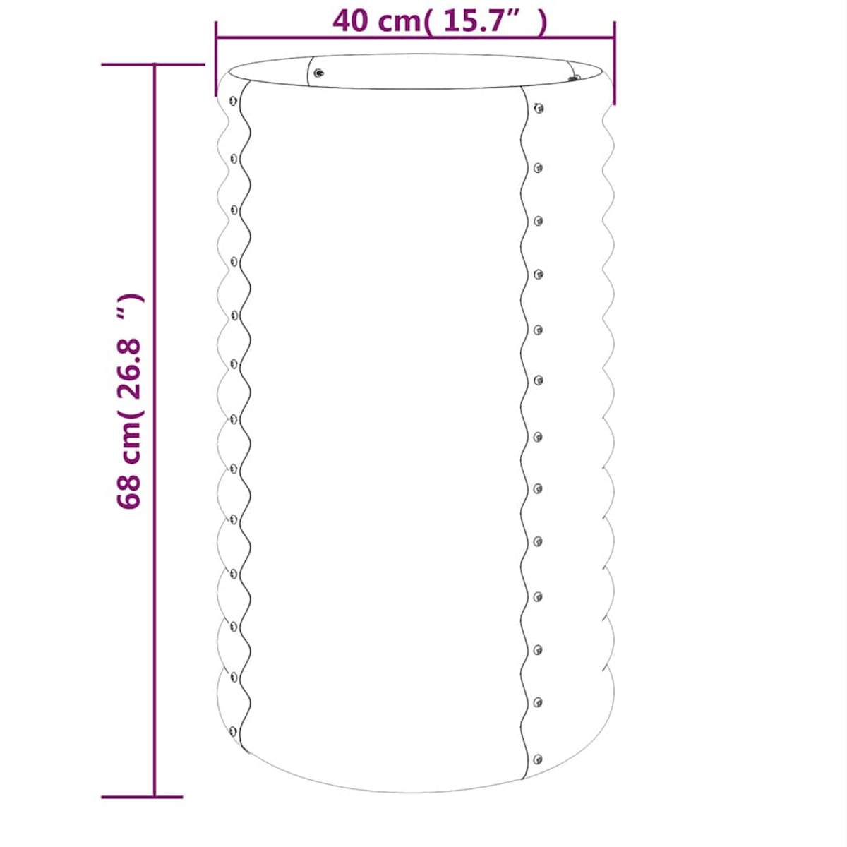 Ein zylindrisches Objekt mit den Maßen: 68 cm Höhe, 40 cm Durchmesser. Es hat eine gewellte Kante und markierte Befestigungspunkte.
