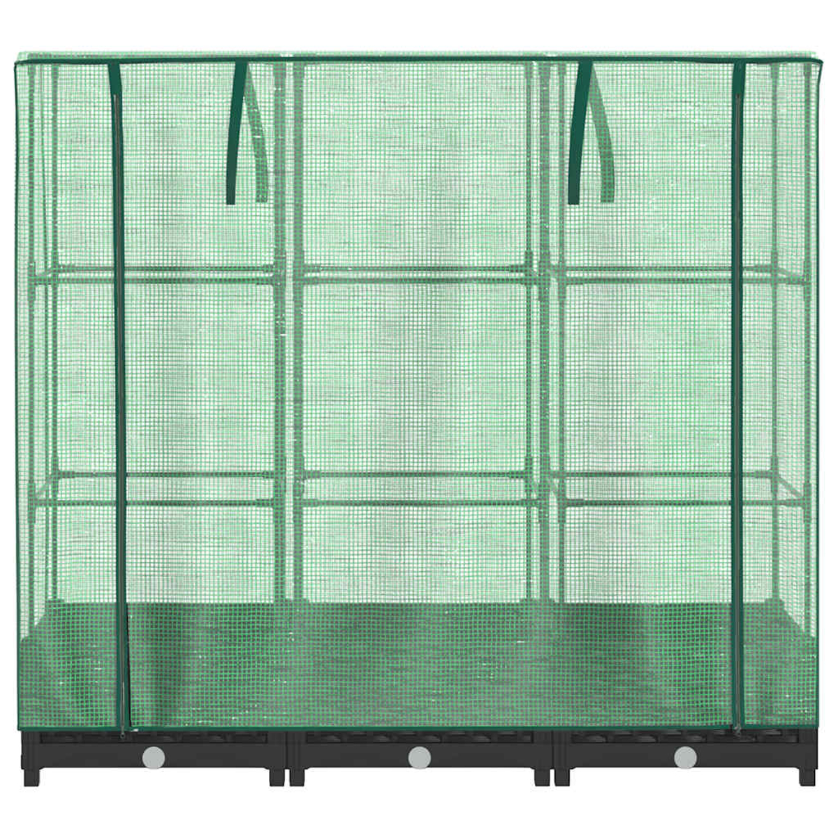 Una serra portatile verde con copertura a rete. Ha più ripiani e una base nera. La struttura è rettangolare.