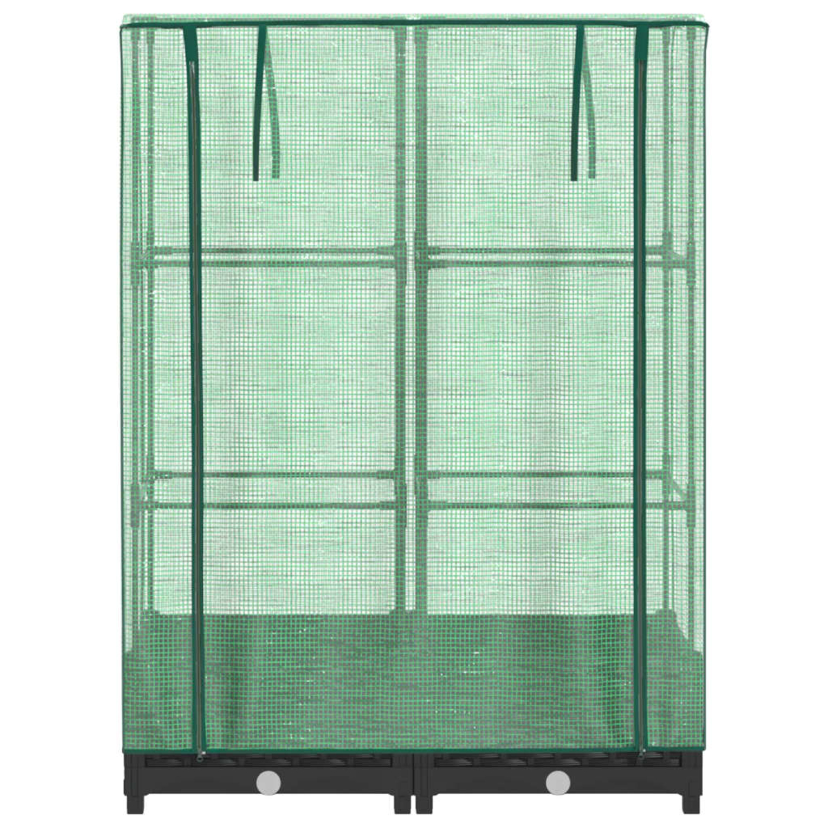 Una serra verde con copertura a rete. Ha una base nera con manopole bianche e un telaio in metallo.