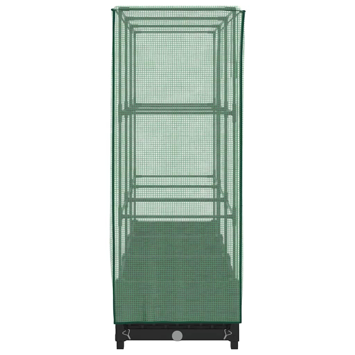 Una serra per piante verde e rettangolare. Ha una struttura metallica ricoperta da una rete verde. La base è scura, con piccoli piedini.