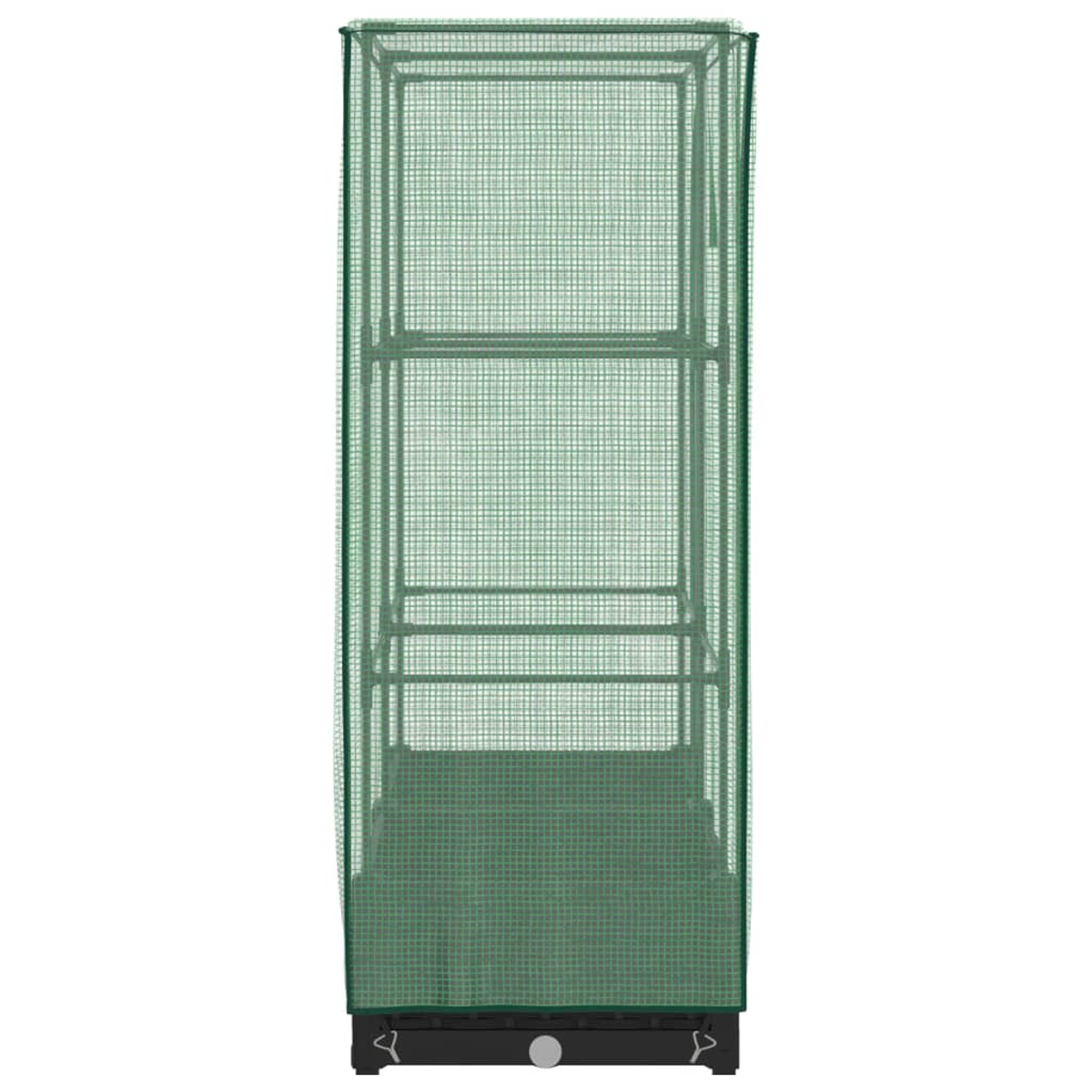 Una serra verde con struttura a griglia. Ha diversi ripiani all'interno e una base nera. Lo sfondo è bianco.