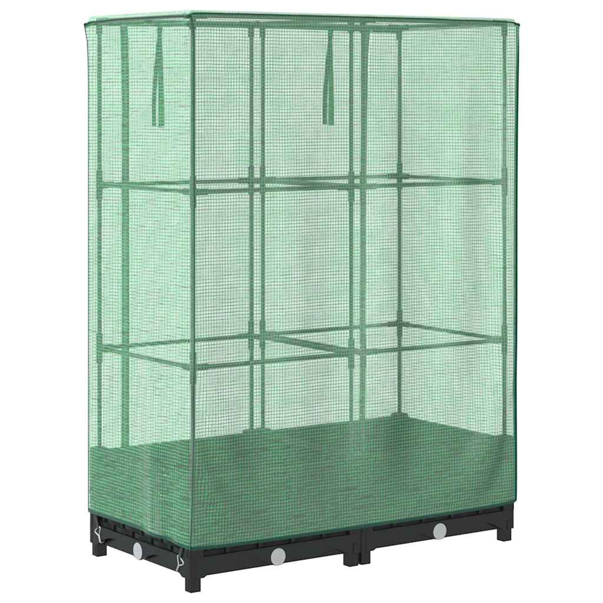 Una serra verde con una copertura a rete poggia su una base nera. All'interno ci sono scaffali. La struttura è progettata per le piante.