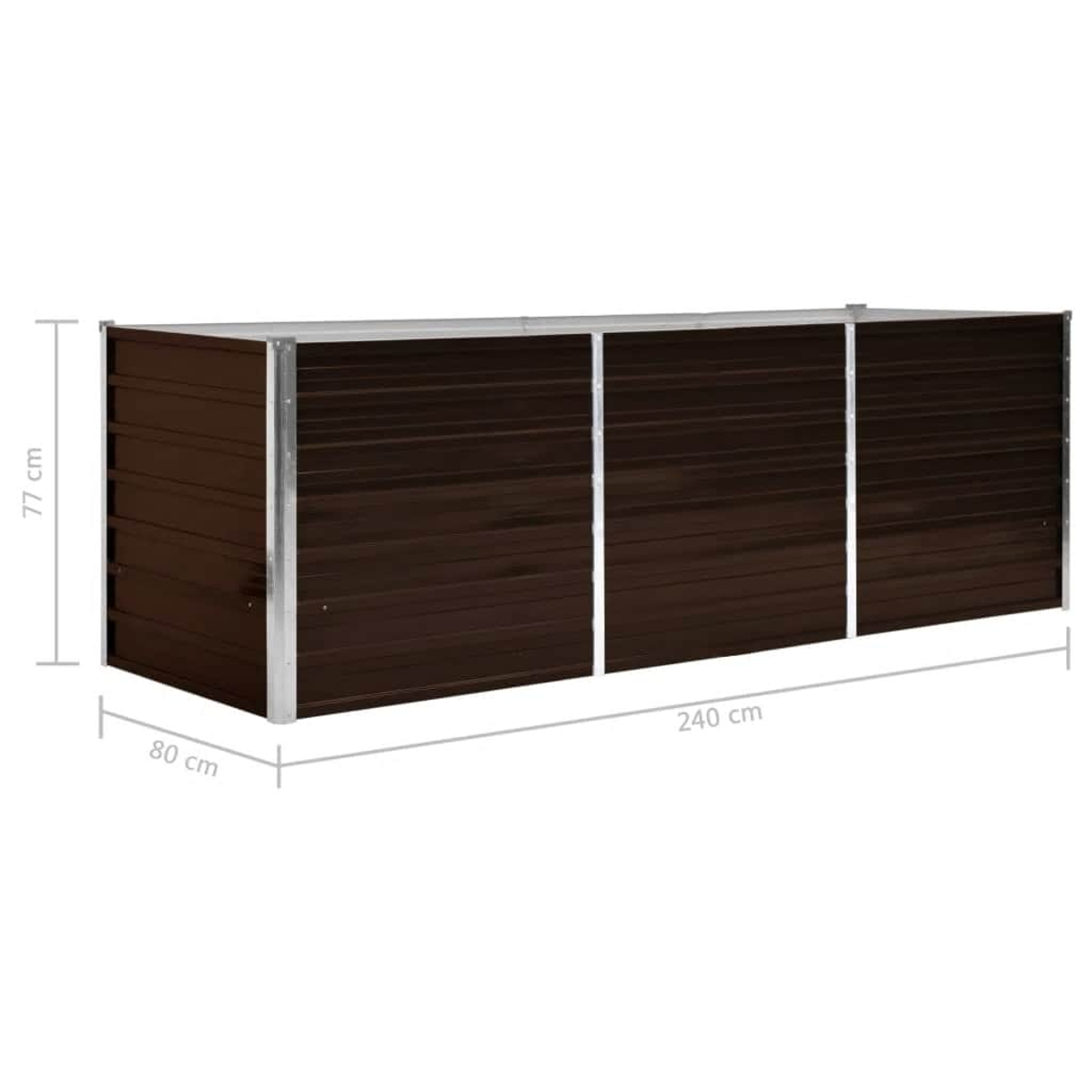 Eine rechteckige braune Metall-Aufbewahrungsbox mit silberner Verkleidung, beschriftet mit Abmessungen: 80 cm, 77 cm und 240 cm.