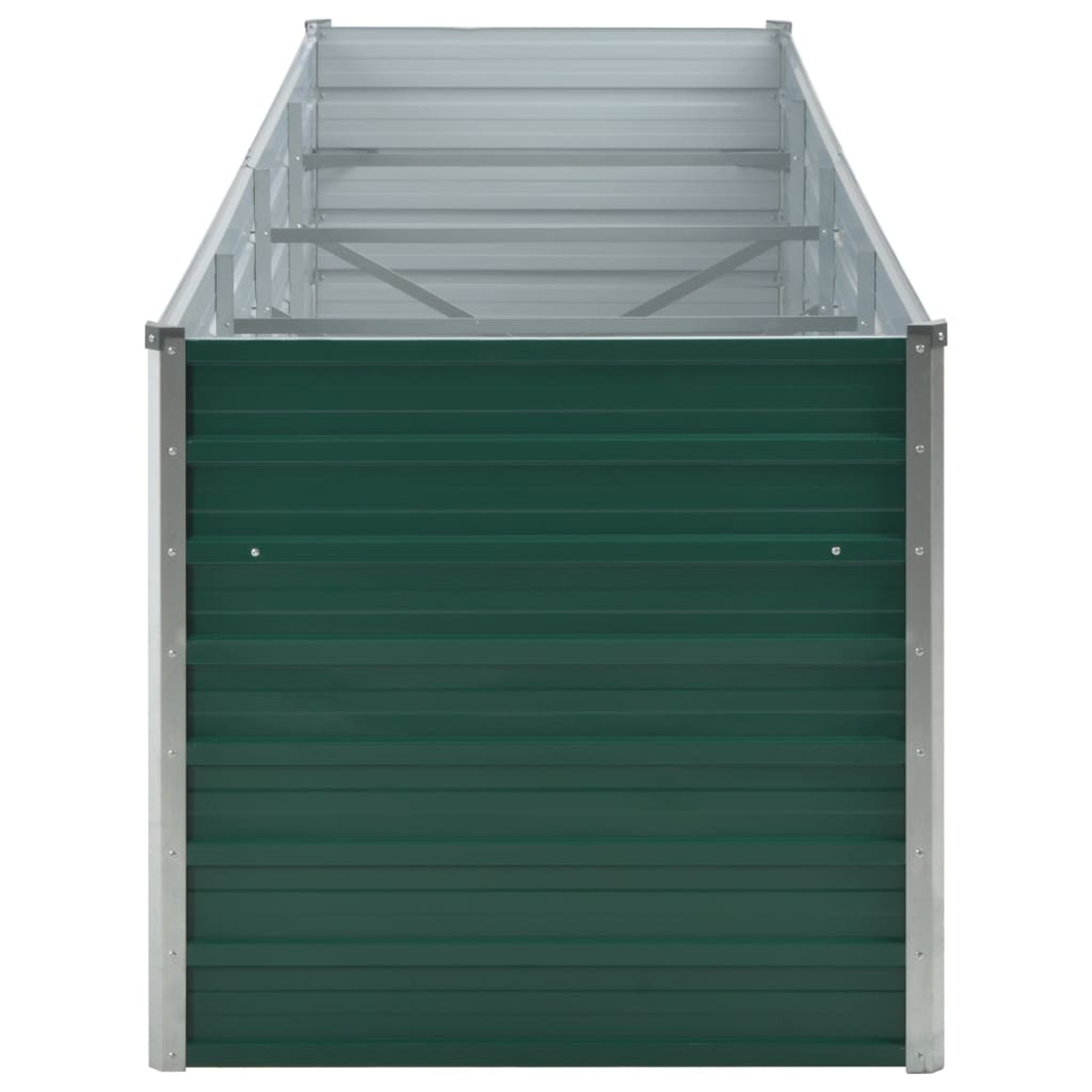 Ein rechteckiges, grünes Metall-Hochbeet mit silbernem Rahmen. Das Beet ist leer und zeigt die gewellten Metallseiten und die offene Oberseite.