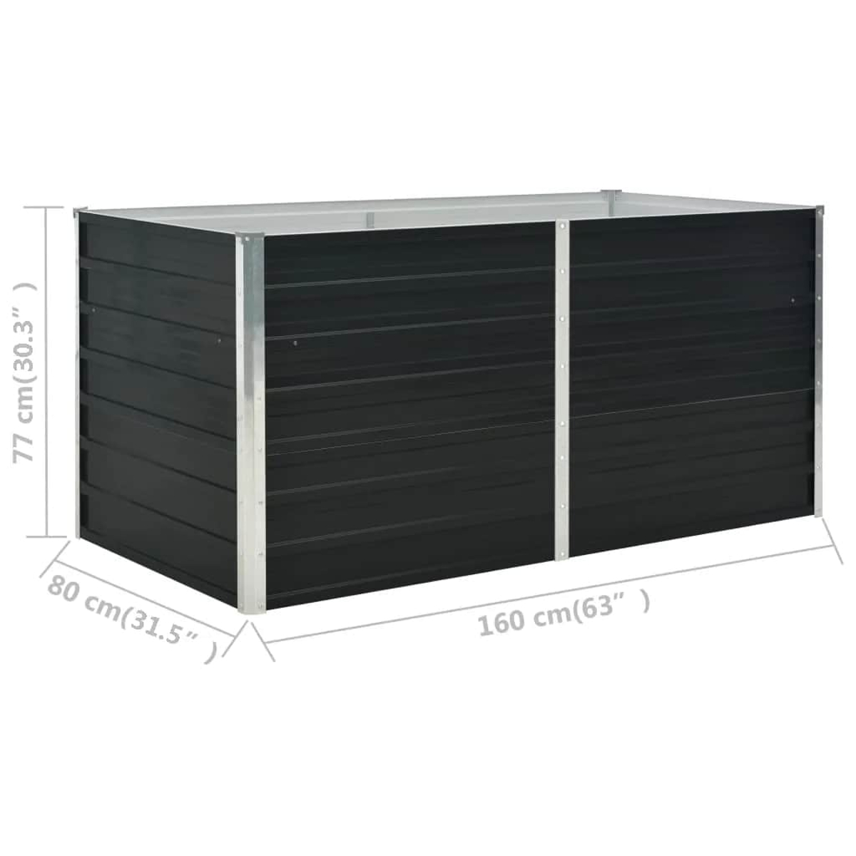 Schwarzer Metallpflanzer mit Maßangaben: 160 cm lang, 80 cm breit und 77 cm hoch. Es hat horizontale Linien und Metallecken.
