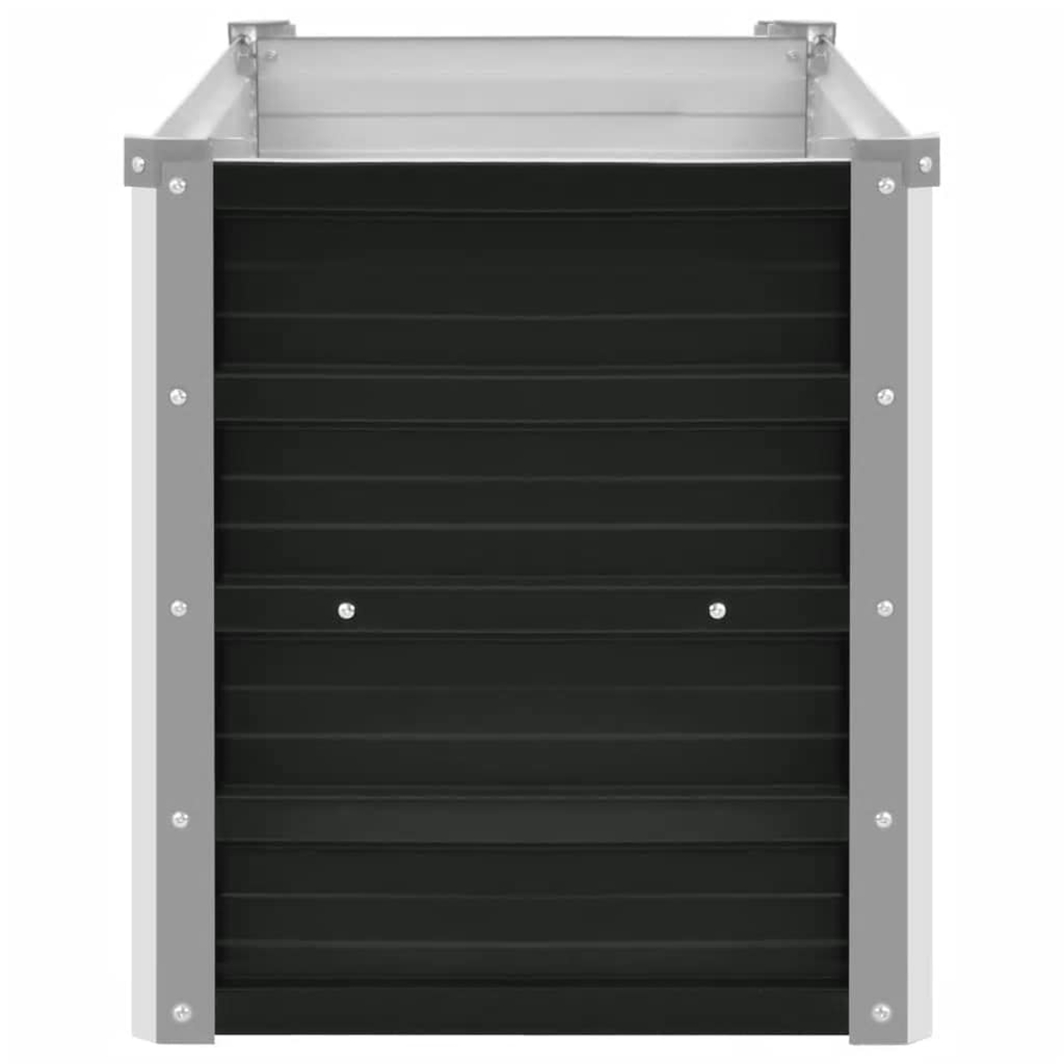 Ein rechteckiger, dunkelgrüner Metall-Pflanzkasten mit silberner Verkleidung. Die Box hat horizontale Rippen und wird von silbernen Bolzen zusammengehalten.