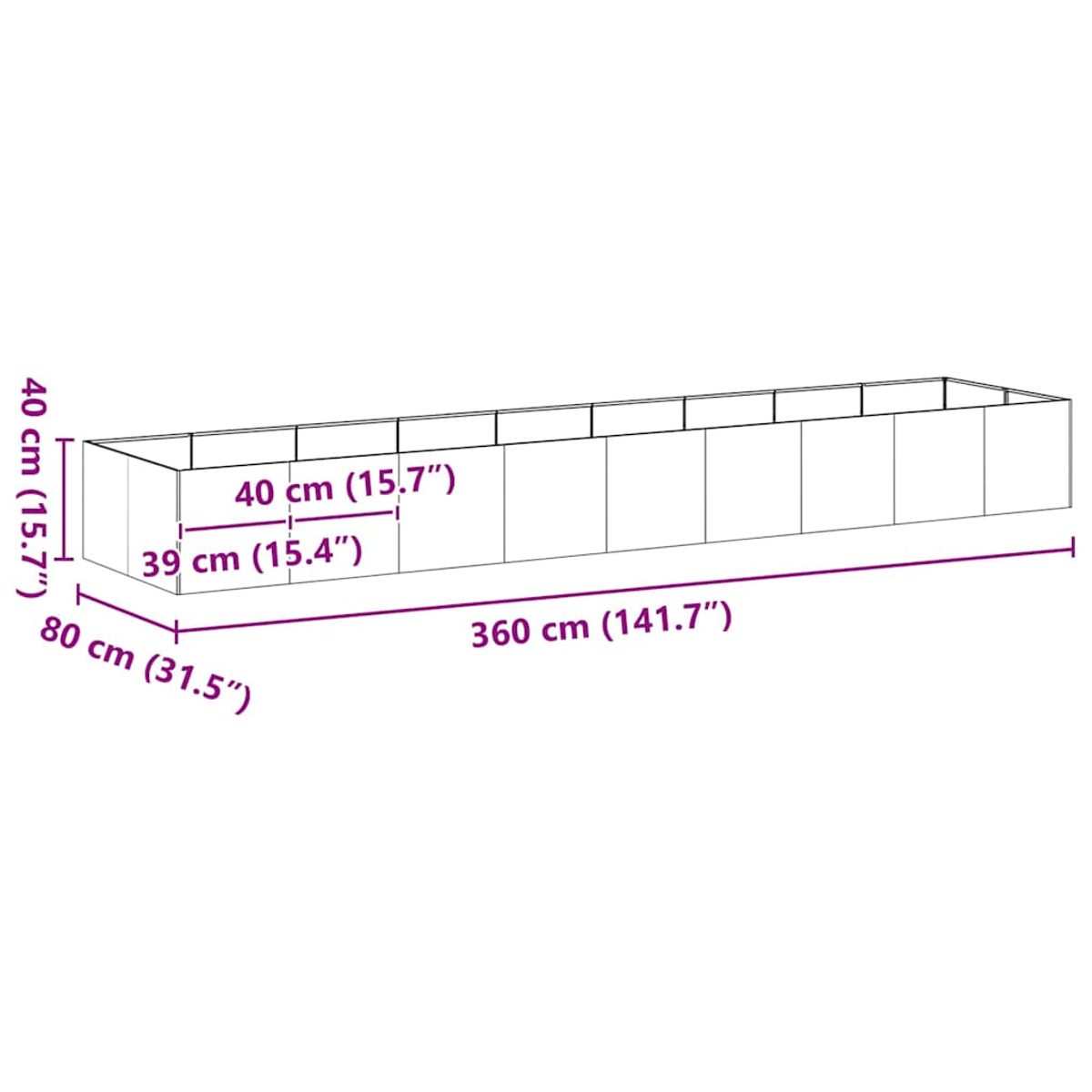 Struttura rettangolare con dimensioni etichettate. Misure: 40cm, 39cm, 80cm e 360cm, che illustrano la sua dimensione.